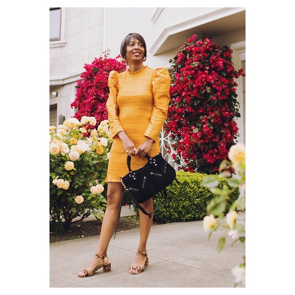 ULLA JOHNSON Aurele dress gold mini silk 4 puff sleeve smocked shirred NWOT - Picture 3 of 15